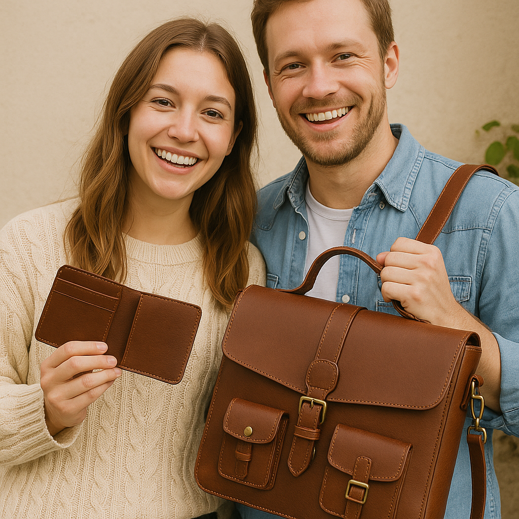Man and woman holding a brown leather backpack and wallet against a beige background